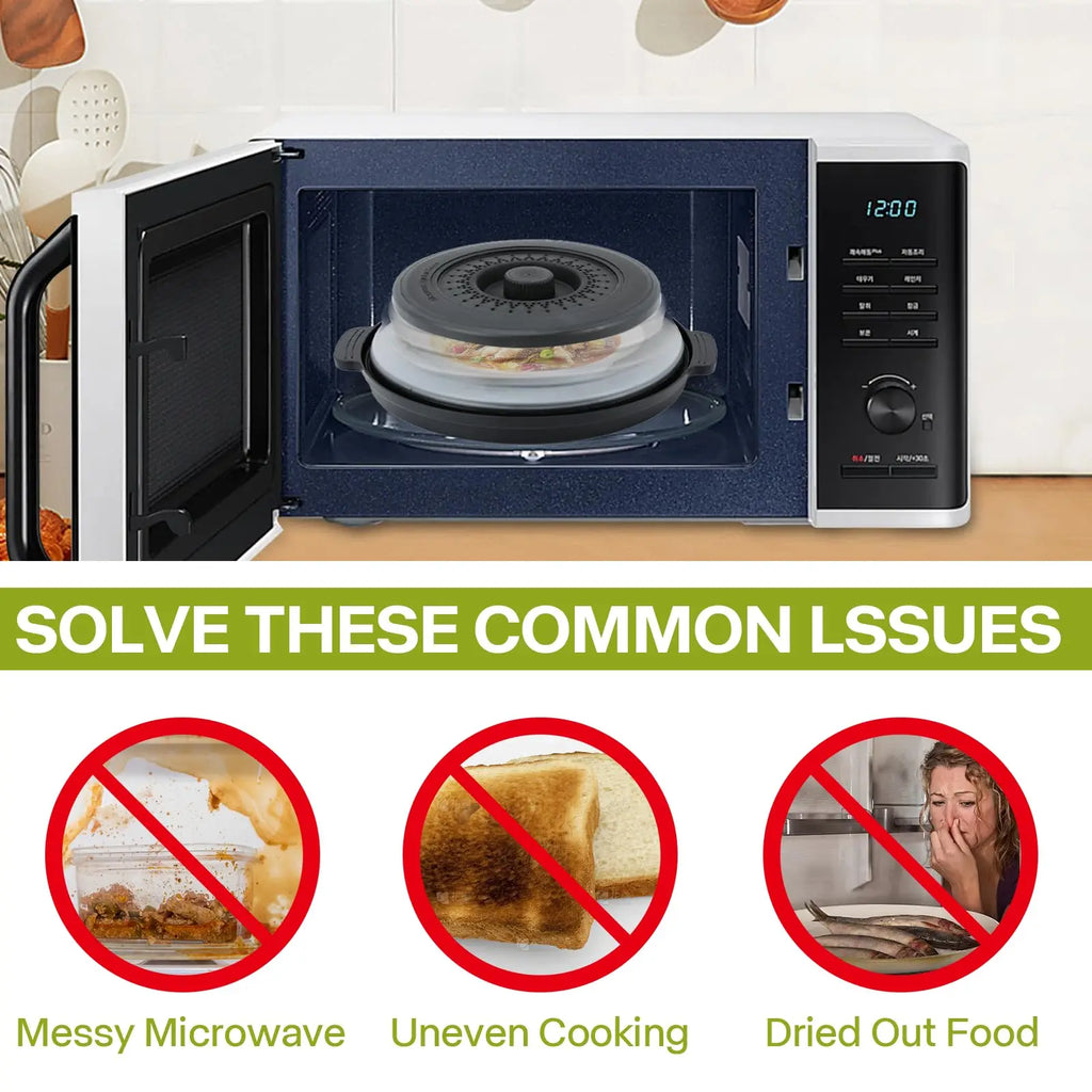 2-in-1 Microwave Splatter Cover with Anti-Scald Base – Foldable, Food-Grade, Fits 10.5" Plates