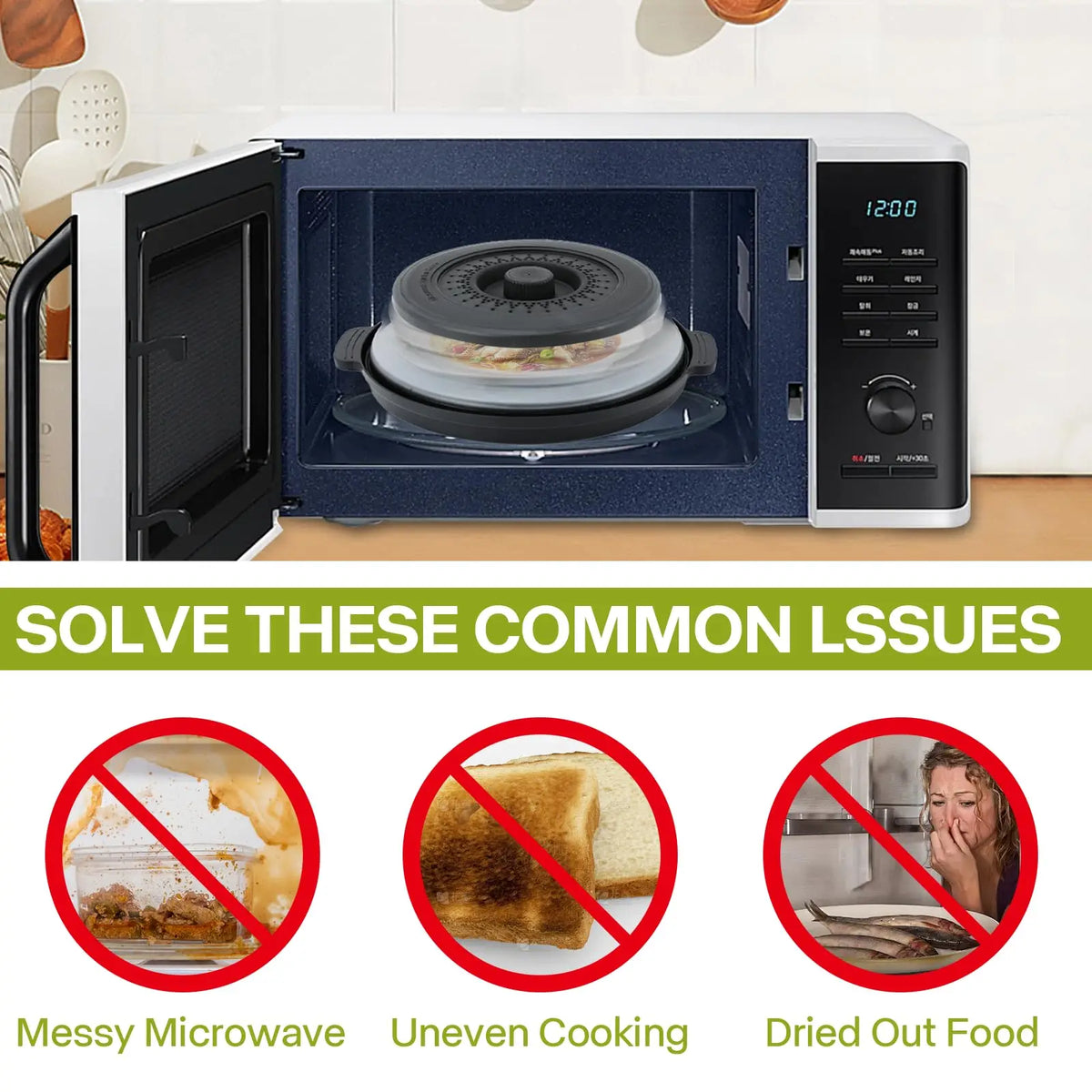 2-in-1 Microwave Splatter Cover with Anti-Scald Base – Foldable, Food-Grade, Fits 10.5" Plates