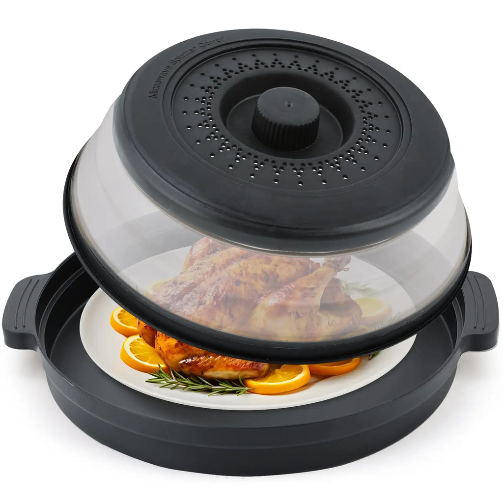 2-in-1 Microwave Splatter Cover with Anti-Scald Base – Foldable, Food-Grade, Fits 10.5" Plates