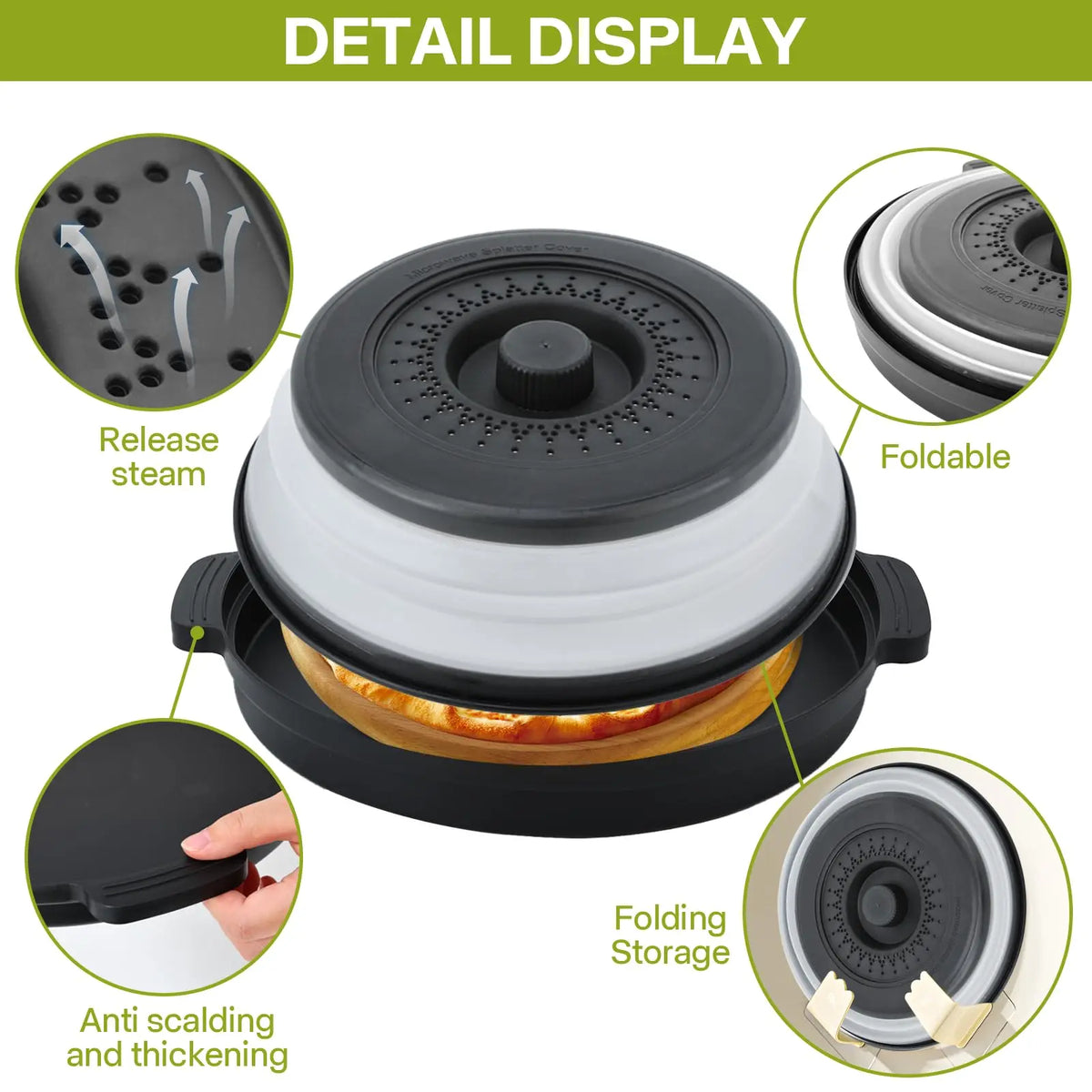 2-in-1 Microwave Splatter Cover with Anti-Scald Base – Foldable, Food-Grade, Fits 10.5" Plates
