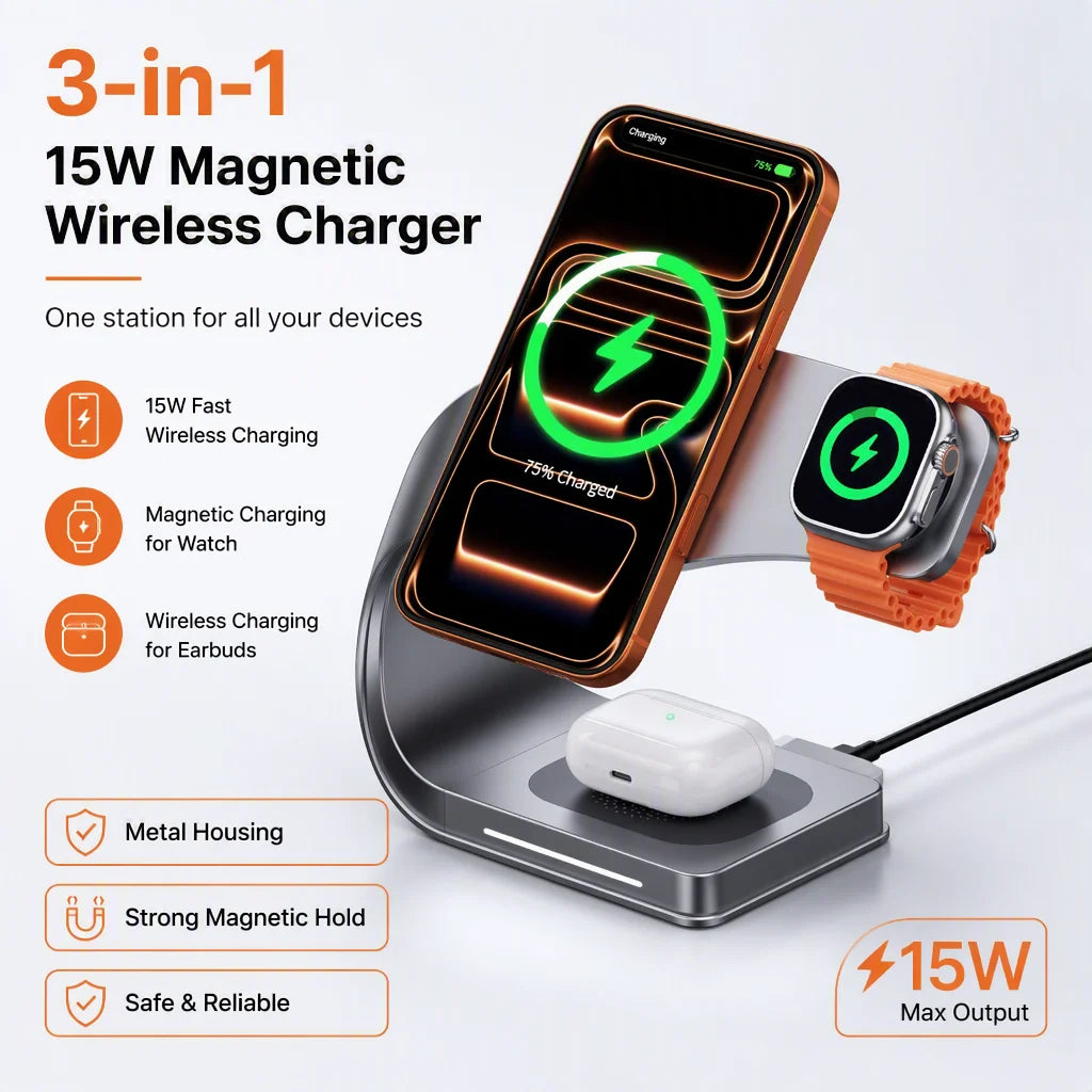 3-in-1 Magnetic Charging Stand - Phone, Watch & Earbuds