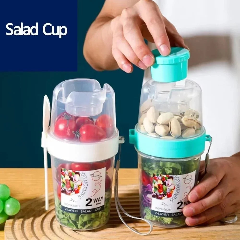 Portable Salad Container with Separate Dressing Compartment & Fork