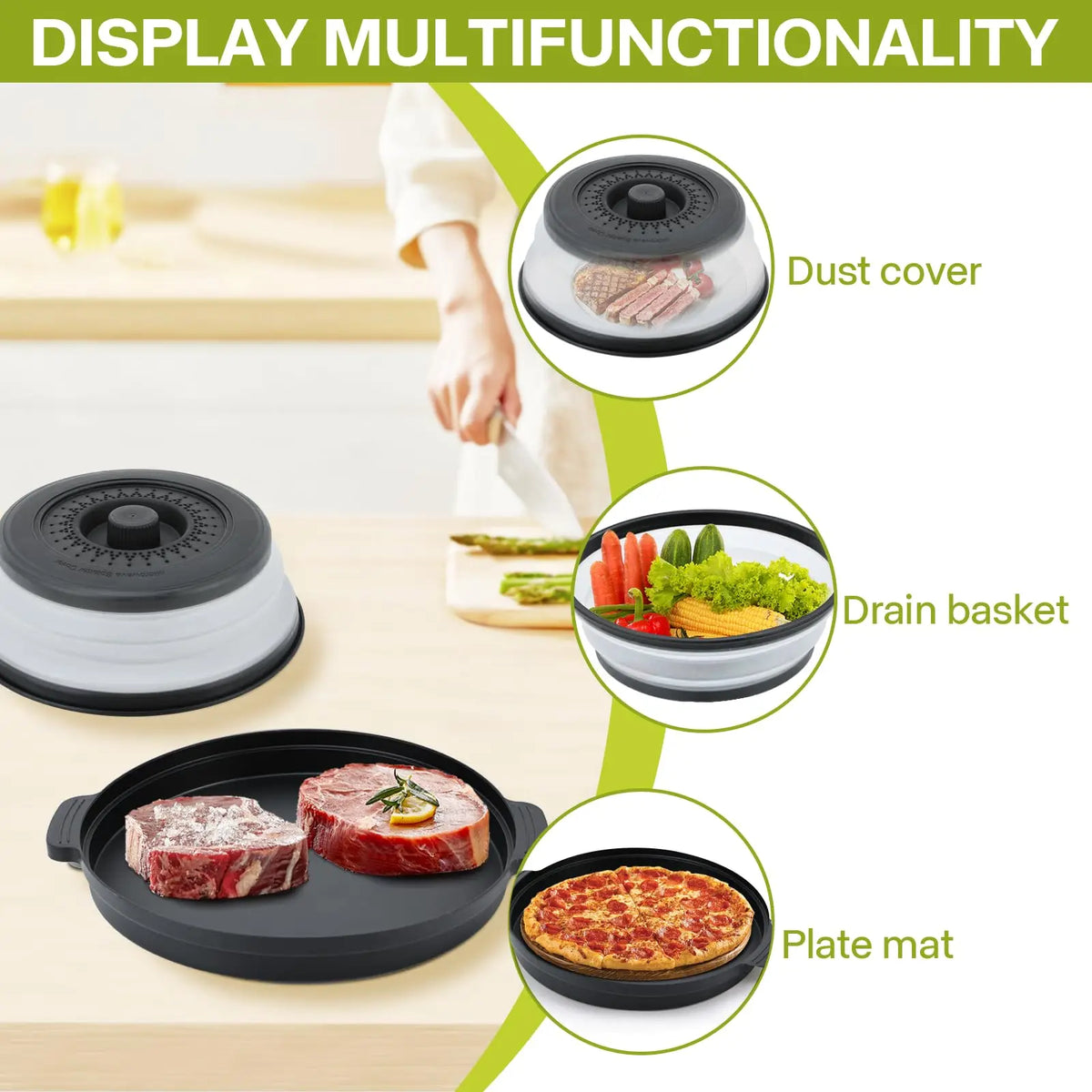 2-in-1 Microwave Splatter Cover with Anti-Scald Base – Foldable, Food-Grade, Fits 10.5" Plates