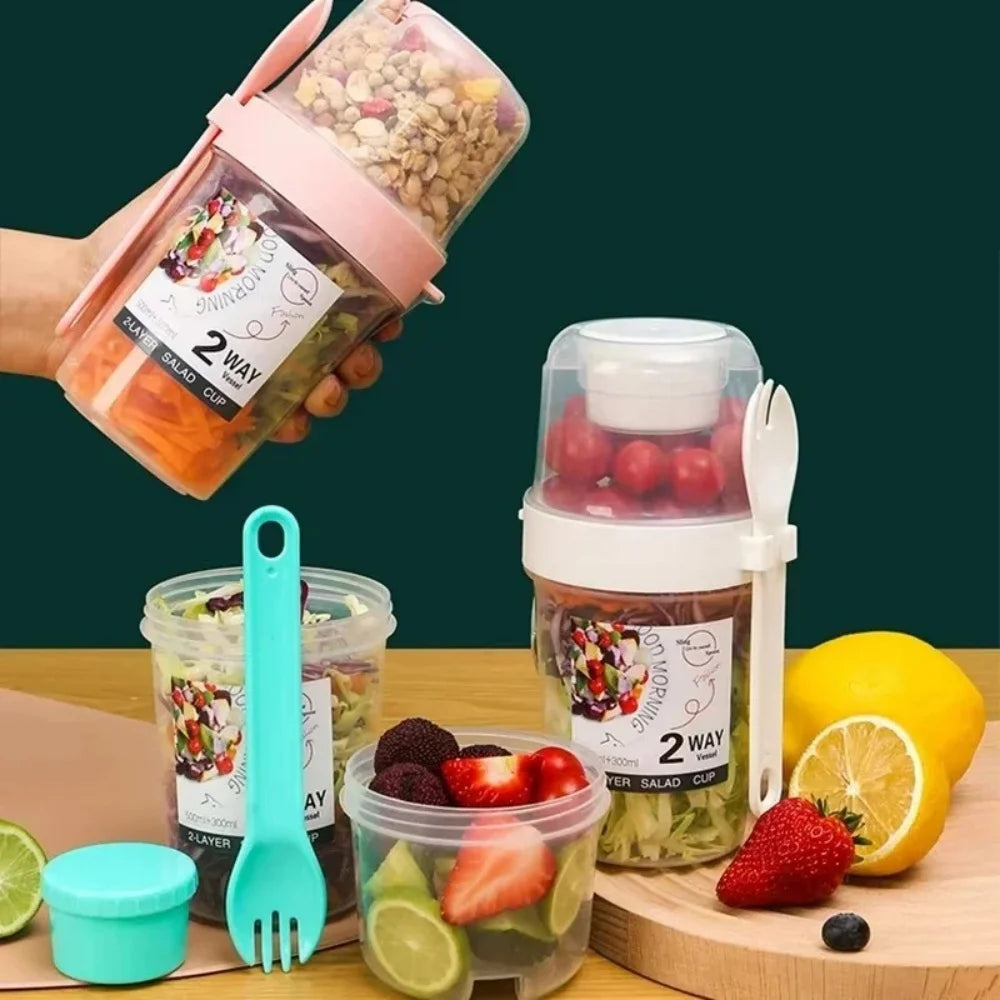 Portable Salad Container with Separate Dressing Compartment & Fork