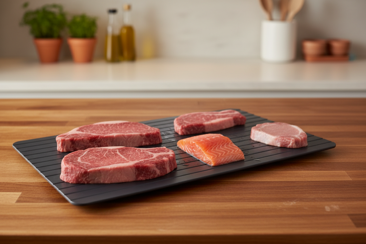Fast-Thaw Aluminum Defrosting Tray lifestyle image on wooden kitchen countertop