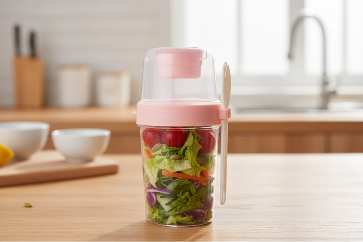 Portable salad container with pink lid, dressing compartment and fork, filled with fresh salad