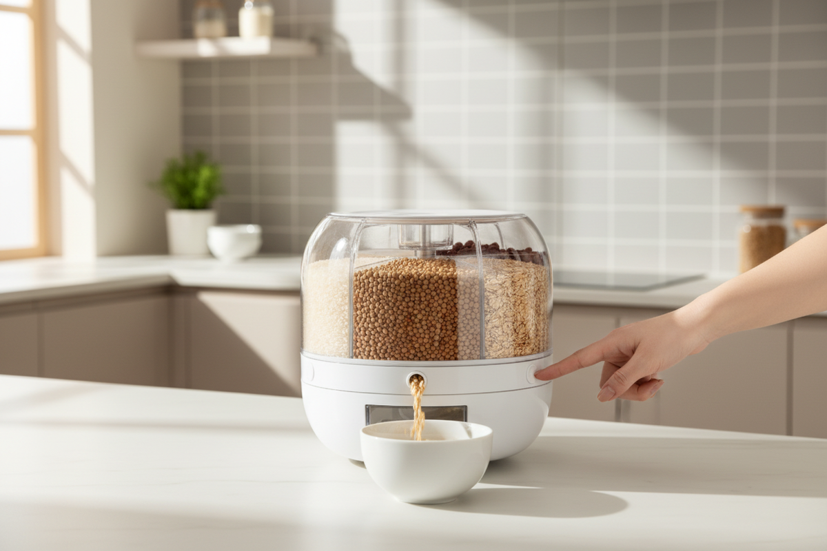 6-Grid Rotating Grain Dispenser with colorful grains on modern kitchen countertop
