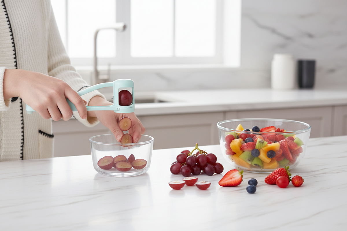 Grape and small fruit cutter lifestyle photo with fresh fruits on marble countertop