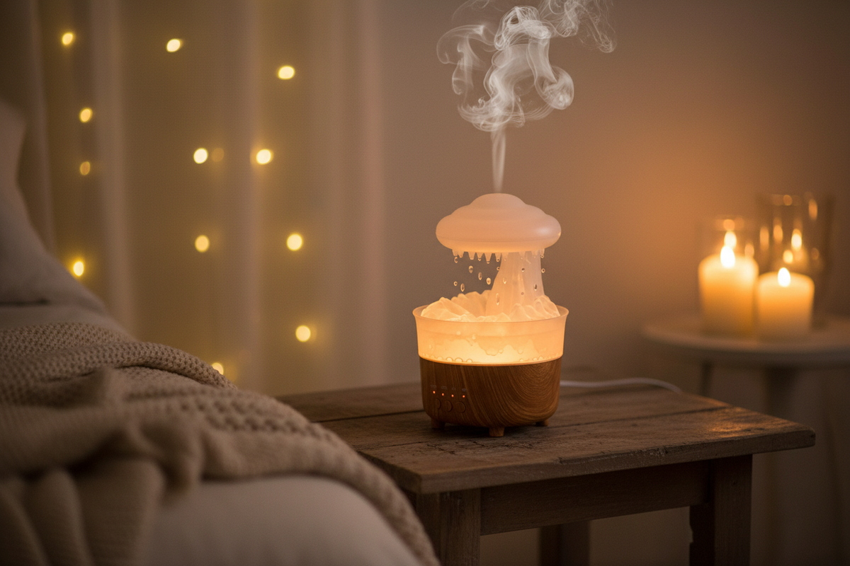 Rain Cloud Aromatherapy Humidifier glowing warm amber light on bedside table in cozy bedroom