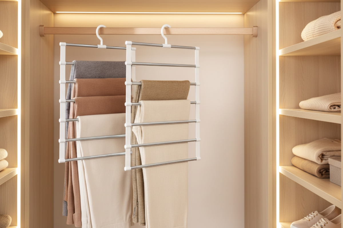 SpaceSaver Multi-Layer Pants Organizer in a clean organized wardrobe