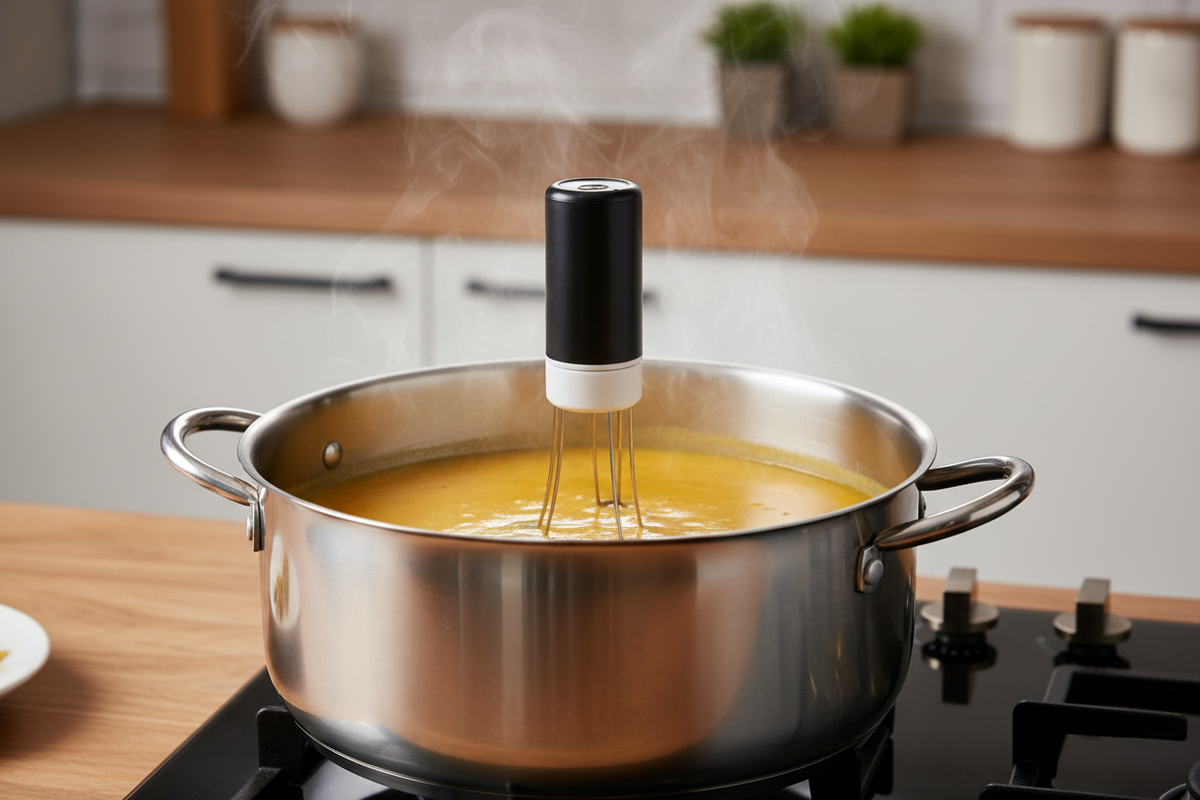 3-Speed Automatic Pot Stirrer in a large cooking pot with golden soup on stovetop