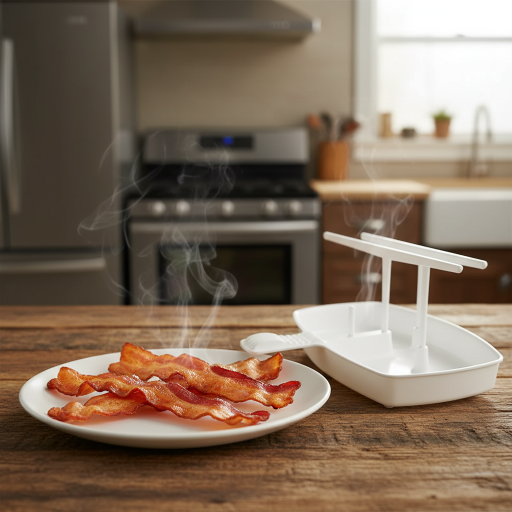 Plate of crispy bacon next to microwave bacon rack